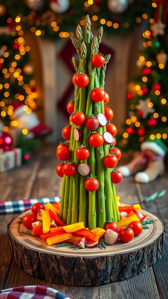 A colorful asparagus tree made with fresh asparagus and tomatoes, served on a rustic table with Christmas decorations.